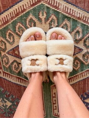 Celine Cream Shearling Slide Slippers